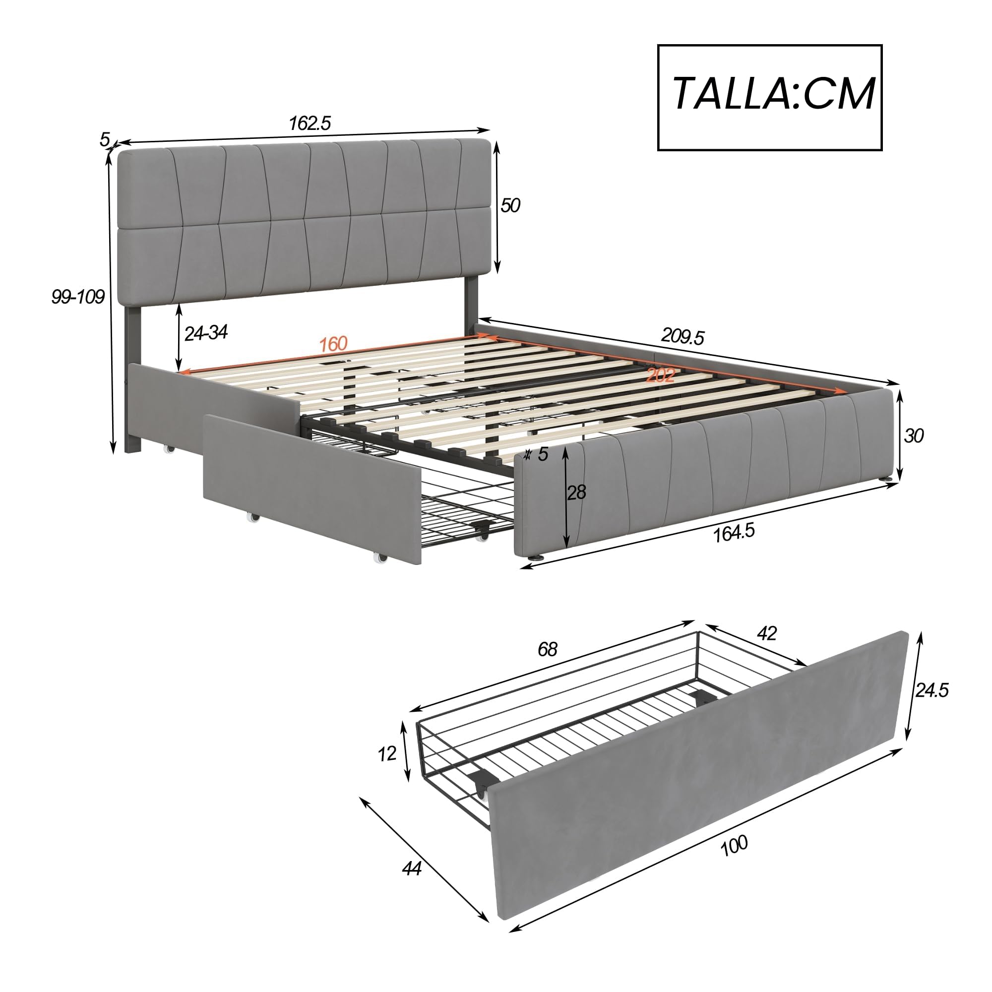 Callicarpa Cama tapizada de 160 x 200 cm con cabecero, cama de matrimonio con 4 cajones de almacenamiento, cama con espacio de almacenamiento, cabecero ajustable, cama de almacenamiento, respaldo de