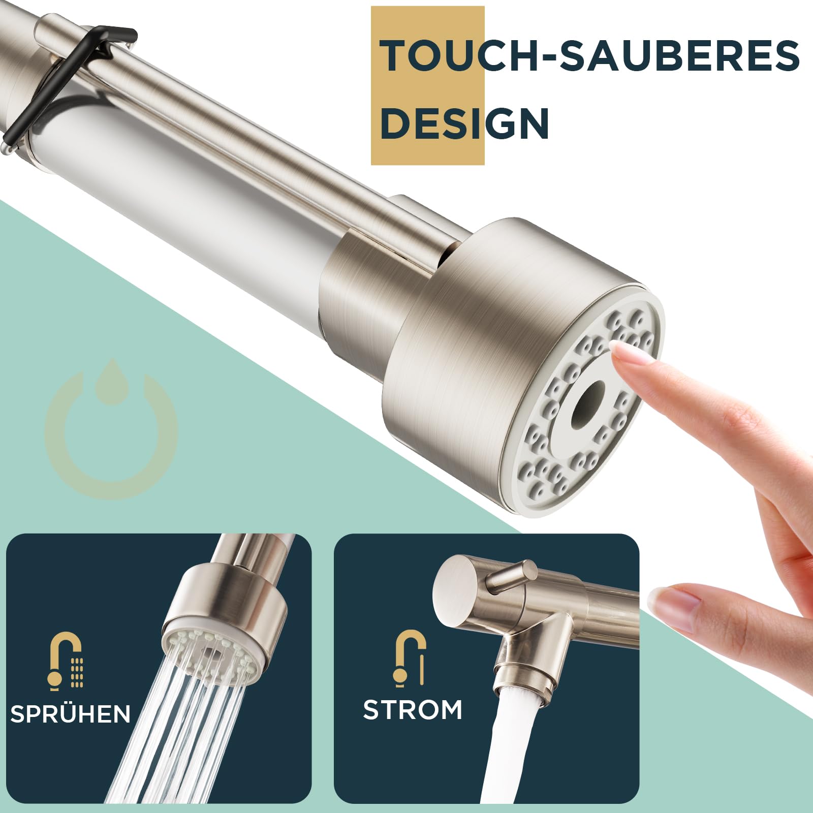 FORIOUS Wasserhahn Küche, Edelstahl-Küchenarmatur, Spülarmaturen Küche, Zweigriff-Mischbatterie Küche mit 360°-Schwenkbarkeit und Doppelspray