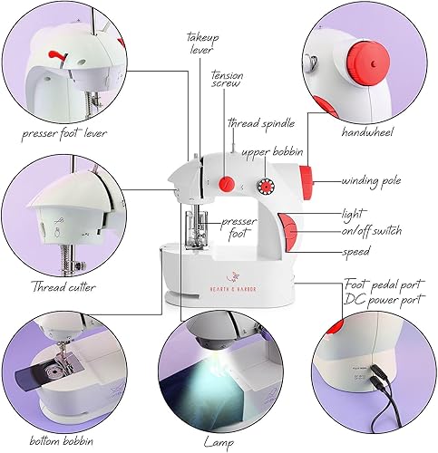 Miniatura 4 de Mini máquina de coser para adultos principiantes, máquina de coser portátil de 48 piezas, máquina de coser pequeña de doble velocidad, máquina de