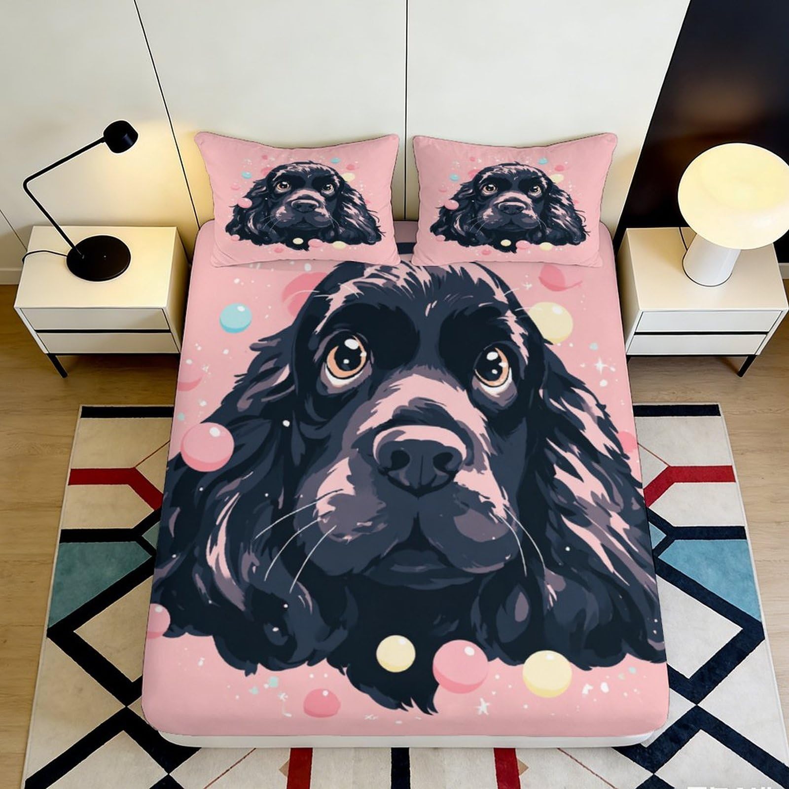 3D Printed Black Dog Portrait Fitted Sheet Microfiber Pink Cartoon Bubbles Mattress Cover for Bedroom Dorm Decor 180x200x25cm