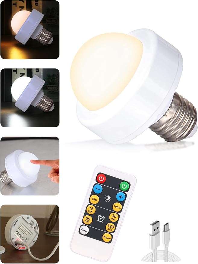 yucanucax LED Light Bulb E27/E26 Dimmable Light Rechargeable Light Bulbs with Remote Controller for Bedroom, Office, Living Room (1 Pack)…