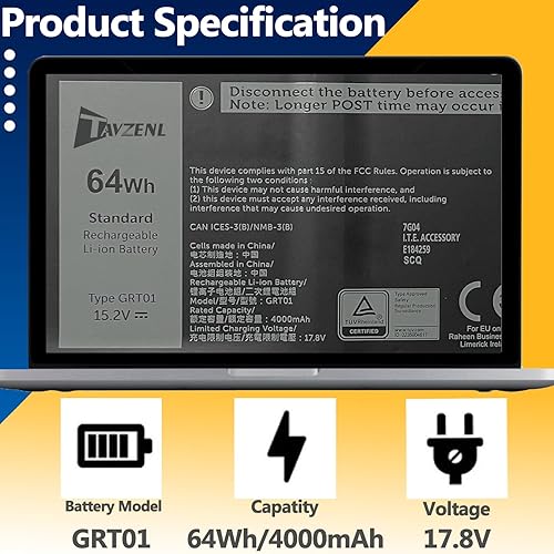 Miniatura 2 de Batería de repuesto GRT01 64Wh para Dell Alienware m17 R5 AMD Gaming Precision 15 3581 3591 3561 3571 3470 Latitude 5521 5531 5431 5421 Series 15.2V