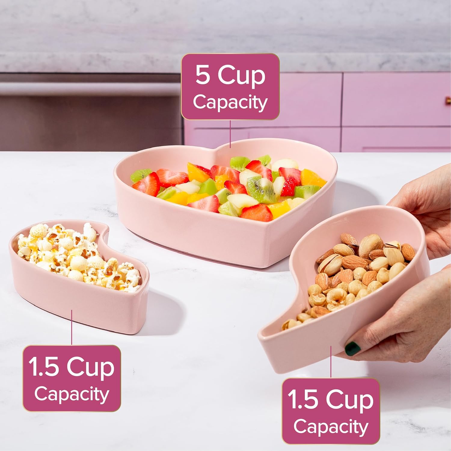 Paris Hilton Iconic Ceramic Stoneware Heart Serving Dish Set, Adorable 3-Piece Design with Two 1.5 Cup Small Dishes and One 5 Cup Large Dish, Microwave & Dishwasher Safe, Pink