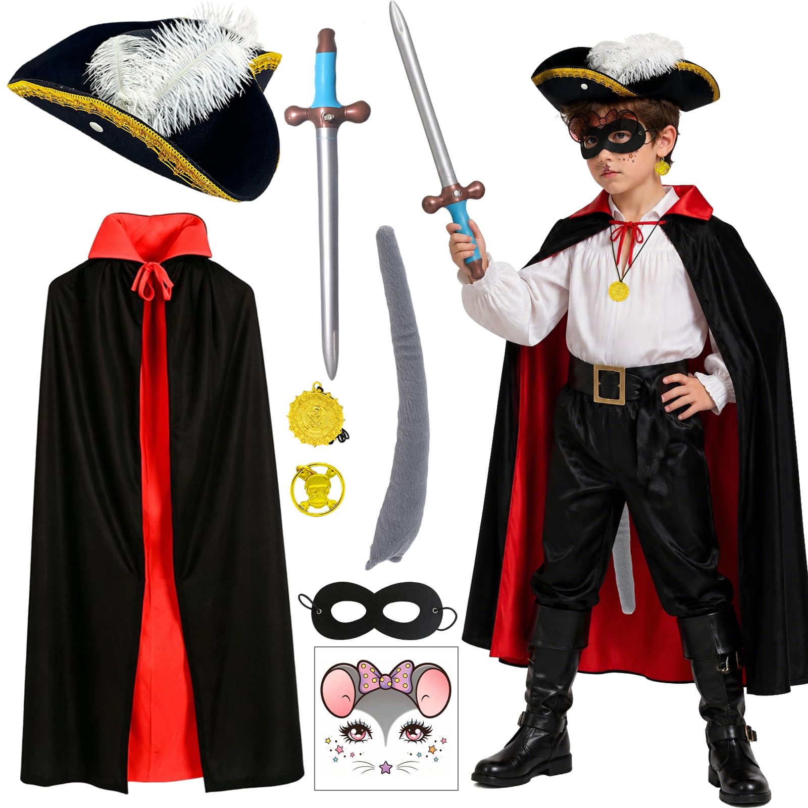 Atomvia Kids Fancy Dress Costume with Red Lined Cape Hat Tail Rat Costume