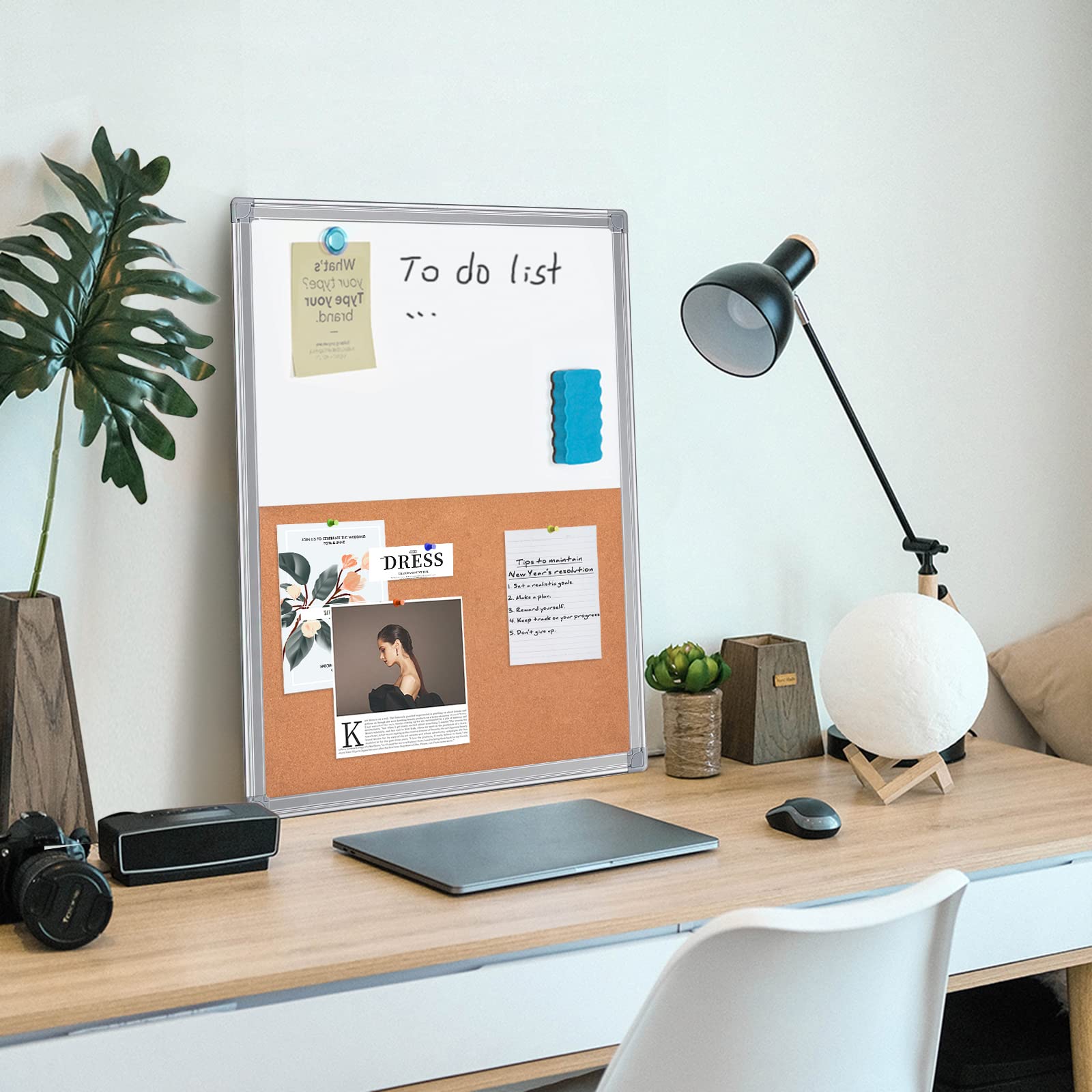 maxtek Tableau Blanc avec Liège 60 x 45 cm, Tableau Mixte Effacable Magnetique avec Cadre en Aluminium, Tableau d'affichage en Liège le Bureau, la Salle de Classe