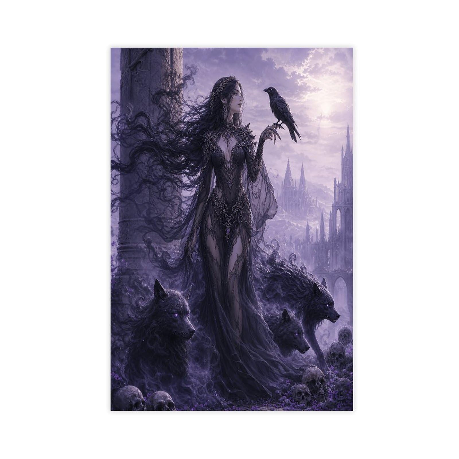 H3b8u2y5 Unframe-Style-17 Raven Witch With Wolf Canvas Wall Art, Moonlit Stage Entryway