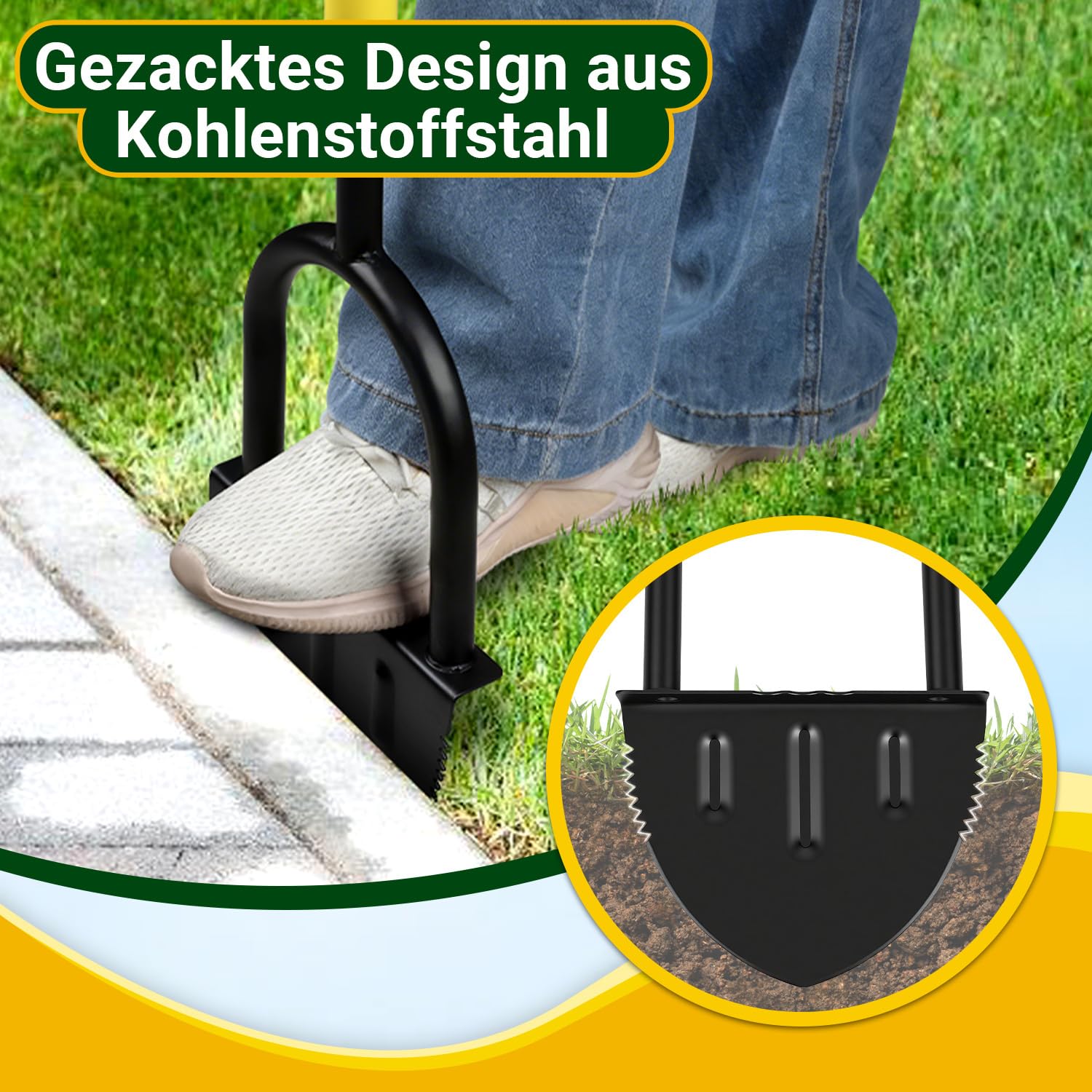 Rasenkantenschneider, Rasenkantenstecher mit langem Stiel, Halbmond-Sägezahnklinge und T-Griff, manuelles Kantenmesser für Rasen, Beet, Gehweg und Garten