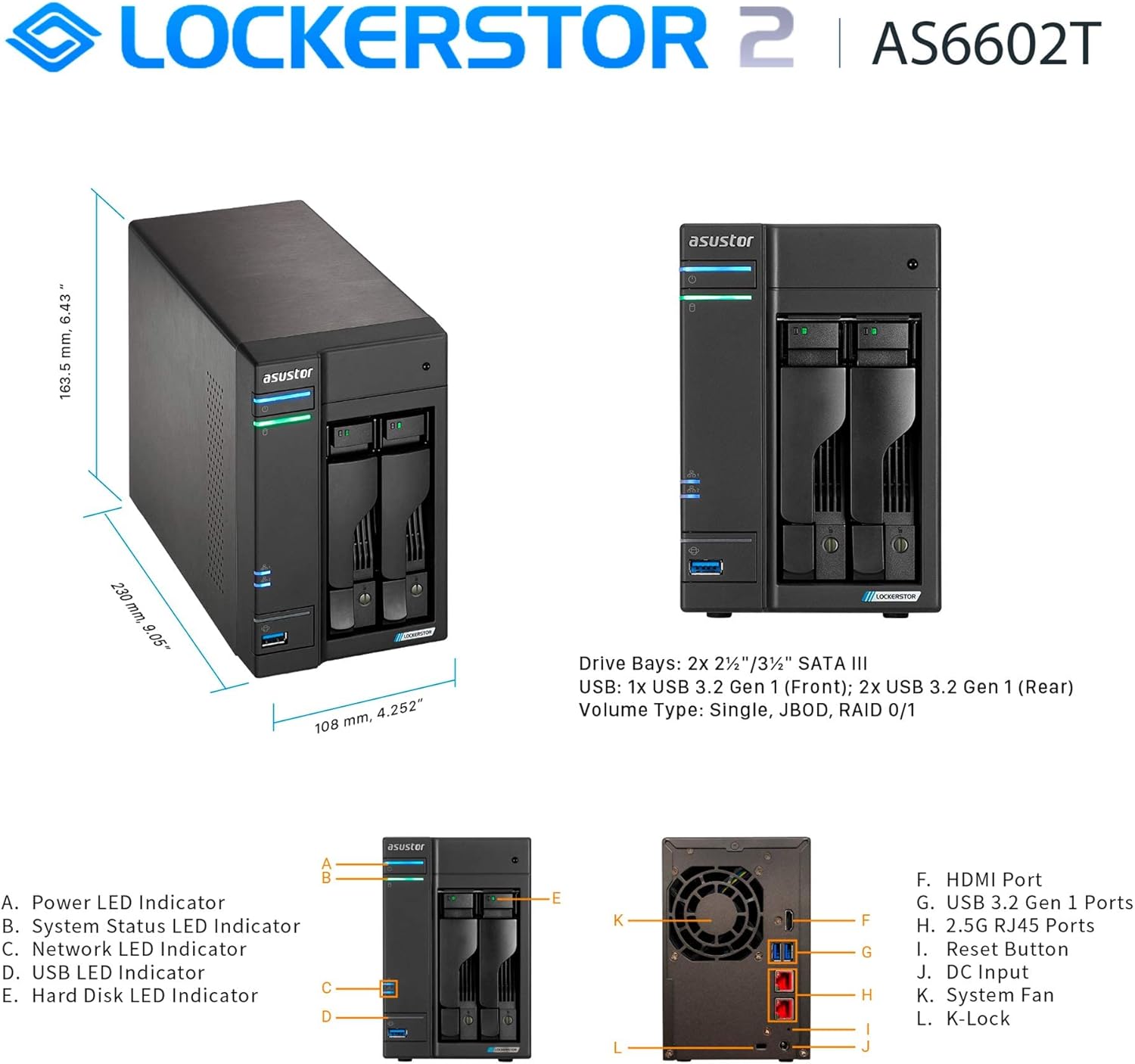 Asustor Lockerstor 2 AS6602T - 2 Bay NAS, Quad-Core 2.0GHz CPU, 2 2.5GbE Ports, 4GB RAM DDR4, 2 M.2 SSD Slots Network Attached Storage (Diskless)