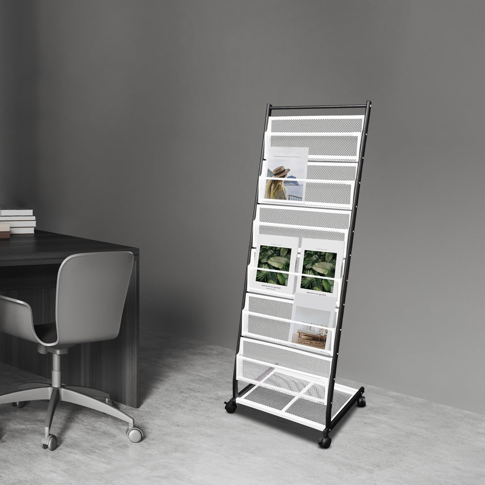 Supporto da pavimento a 6 livelli, 47,5 x 38 x 132 cm, portariviste con ruote, formato A4, in ferro, per caffetterie, ristoranti, uffici