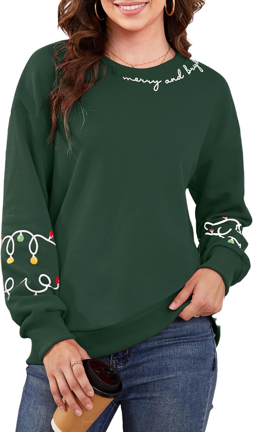 Gihuo Women's Christmas Sweatshirt Merry and Bright Holiday Pullover Long Sleeve Christmas Lights Design Soft Cotton Blend