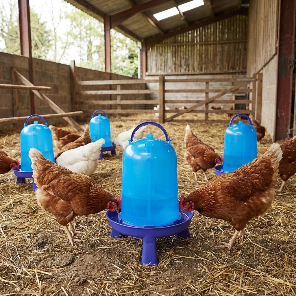 Suinga Pack de 5 Bebederos para Gallinas 8 Litros | Bebedero Portátil para Aves de Corral | 32x37 cm | Plástico Resistente | Ideal para Terreno o Colgar | Con Patas | Azul