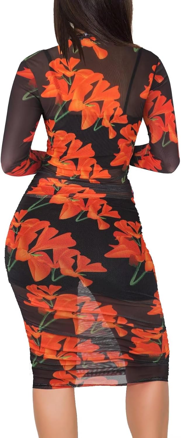 Women's 3 Piece Sexy Mesh Bodycon Dress Set - Long Sleeve Floral Ruched Sheer Midi Dress with Matching Cami and Shorts - Image 4