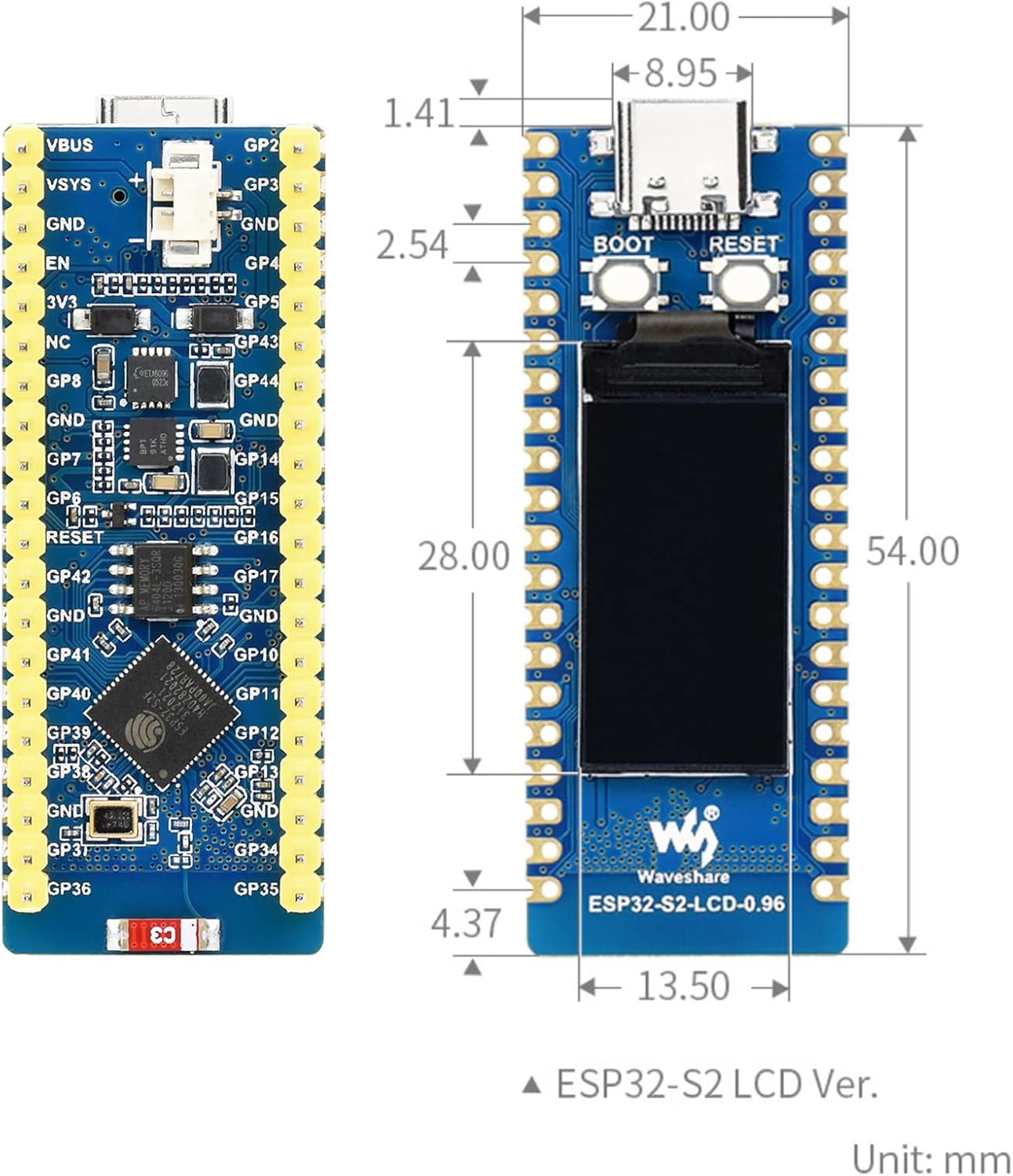 Waveshare ESP32-S2 MCU 2.4GHz WiFi Entwicklungs Board 240MHz Single Core 32-bit Wi-Fi MCU Modul für IoT, Integriertes 0.96 Zoll LCD Display, Unterstützung für C/C++, MicroPython, CircuitPython