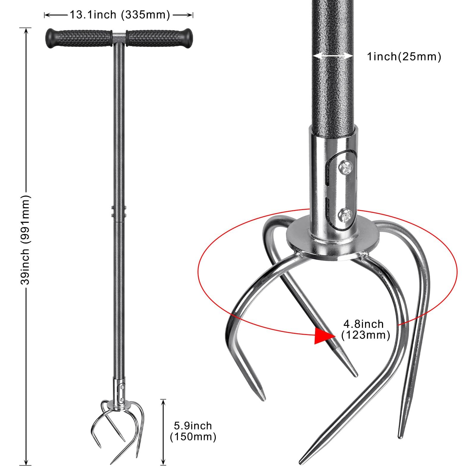 BeneLabel Twist Tiller, ręczny kultywator do gleby ogrodowej, ręczny napowietrzacz trawnika, wytrzymałe narzędzie do odpielenia, 100 cm długi uchwyt z 4 zakrzywionymi pazurami, do skrzynki na rośliny