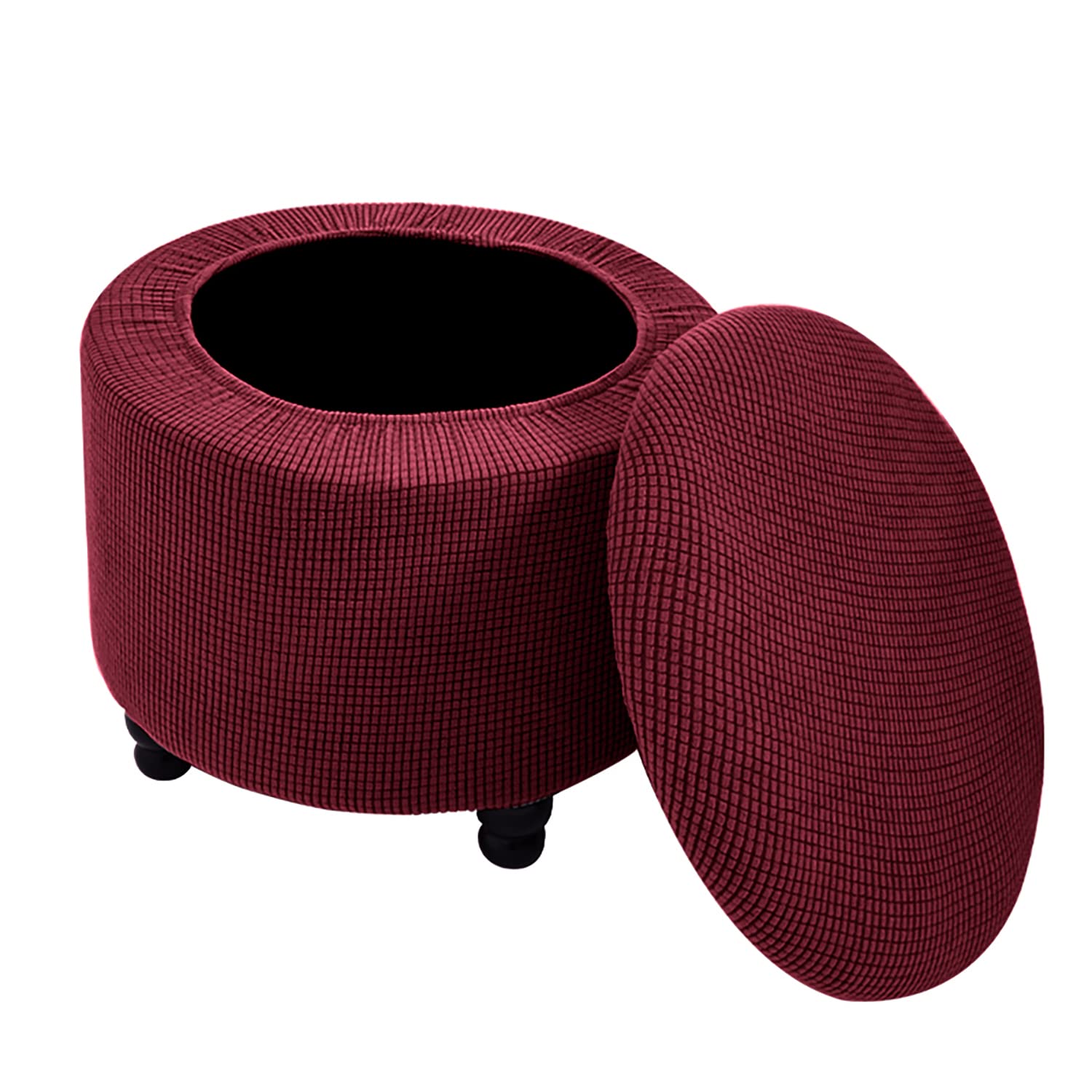 Andreannie Stretch Burgundy Jacquard Fabric Ottoman Slipcover Floding Storage Foot Stool Covers Soft Round Slipcover Removable Washable Furniture