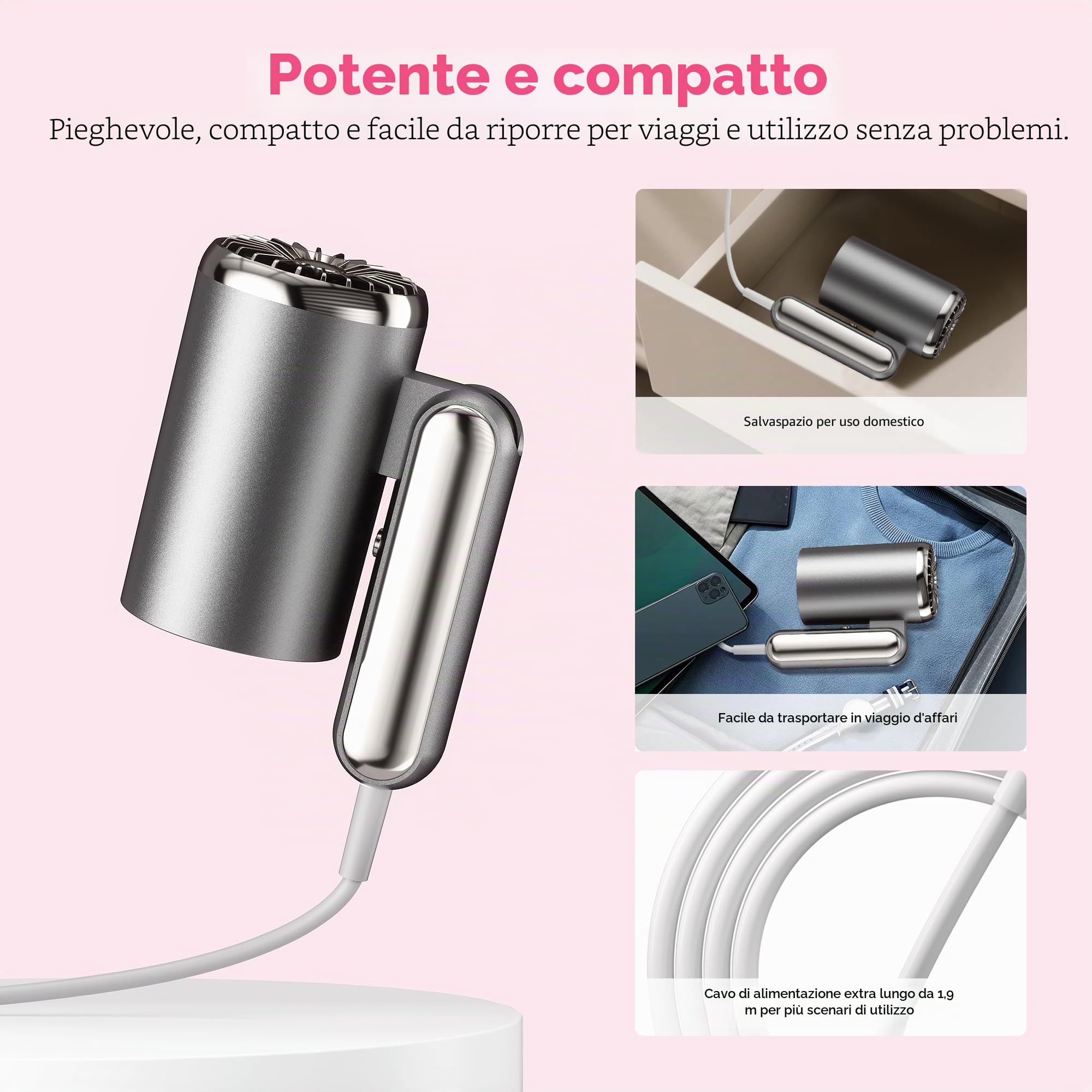 Mini Phon Capelli da Viaggio Potente - 1800W Asciugacapelli Professionale con Diffusore e Concentratori,200 Milioni di Asciugacapelli Ionico, Manico Pieghevole, 3 Tempe, Fono Capelli Ionico portatile