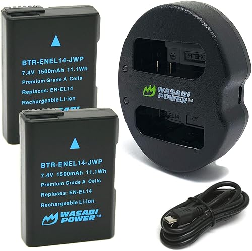 Wasabi Power Batería (paquete de 2) y cargador dual para Nikon EN-EL14, EN-EL14a y Nikon D3100, D3200, D3300, D3400, D3500, D5100, D5200, D5300,