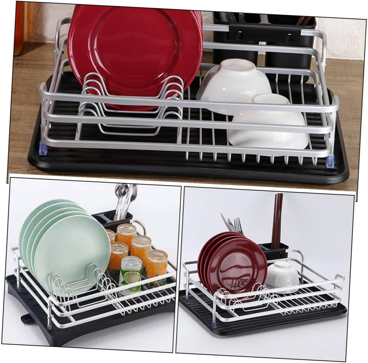 The Sink Dish Rack with Removable Cutlery Holder Silver Kitchen Dish Drainer Rack for Plates Bowls Utensils Storage