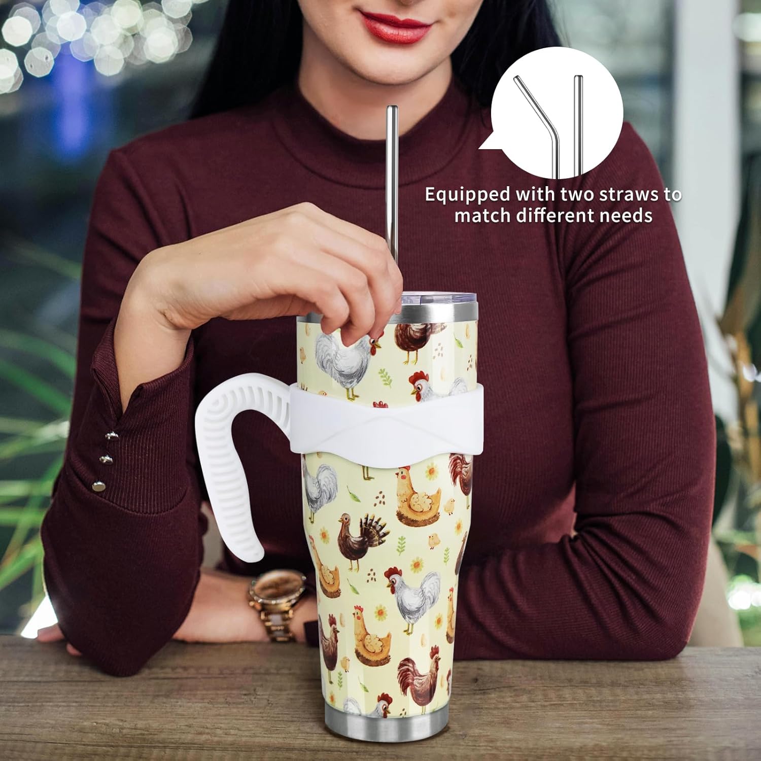 Chicken 40oz Tumbler with Handle and Straw, Rooster Hen Cup Coffee Mug Stainless Steel Insulated Water Bottle, Yellow Chicken Gifts for Chicken Lovers Women Birthday Christmas