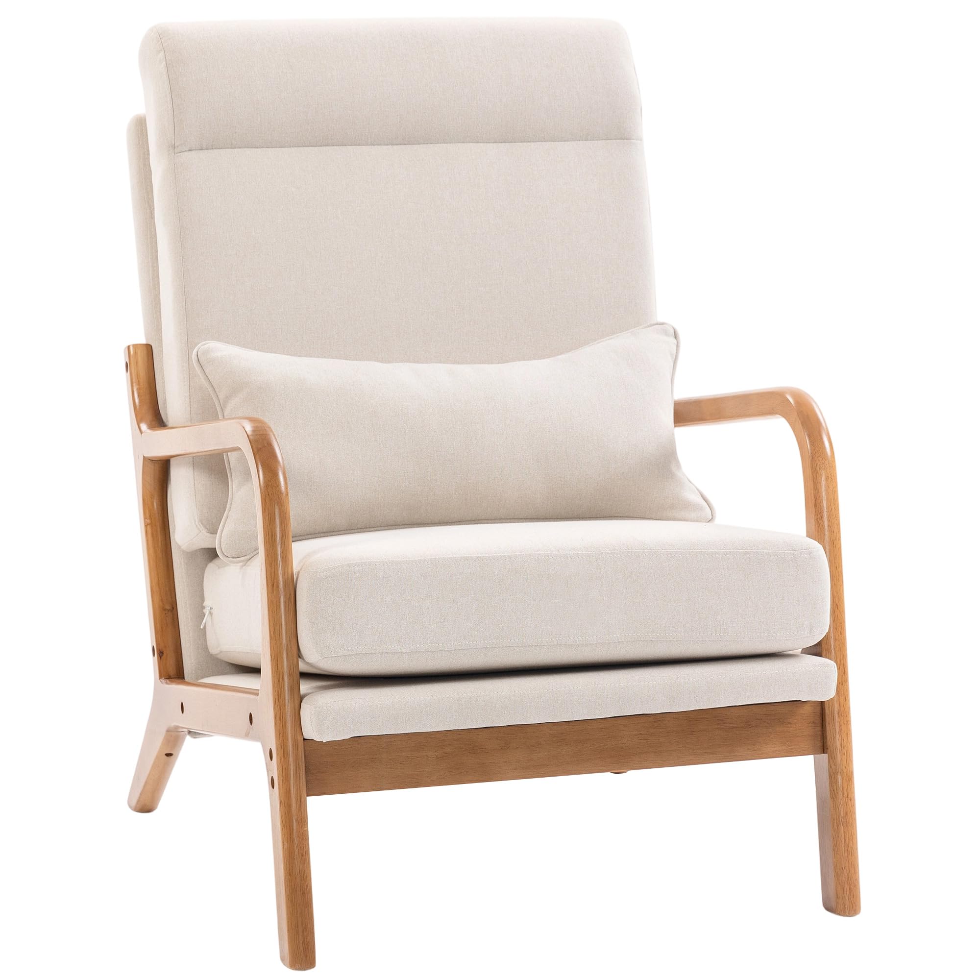 HOMCOM Fauteuil Salon, Fauteuil d'appoint rembourré en Lin avec Large Assise, Soutien Lombaire, Haut Dossier, Coussin épais et Structure en Bois Massif, Chaise de Salon, Chambre, Coins Lecture, crème