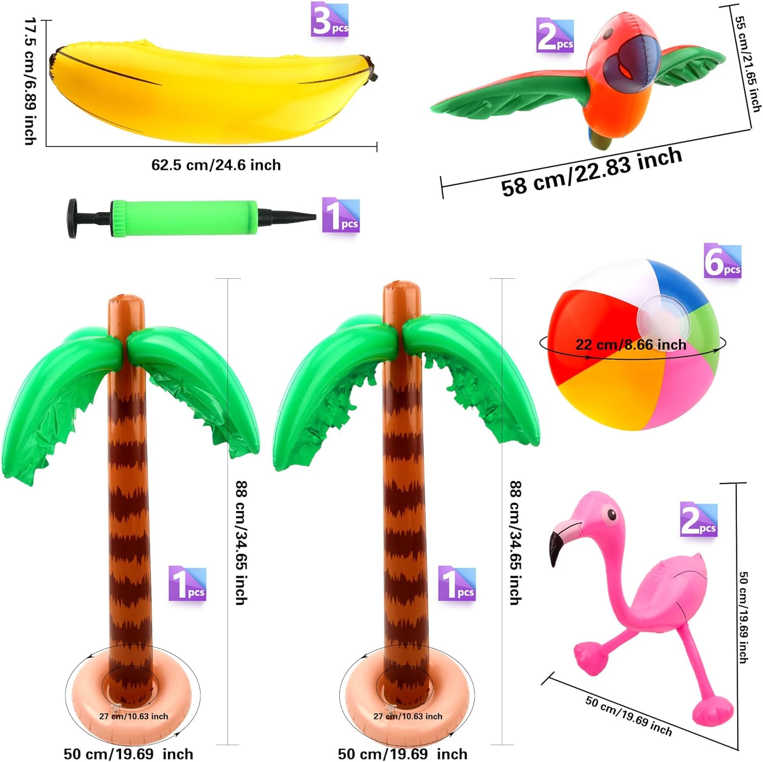 16 Pack Large Inflatable Palm Tree Flamingo Banana Beach Ball Parrot Blow up Beach Pool Toys for Tropical Hawaiian Summer Pool Swim Party Decorations