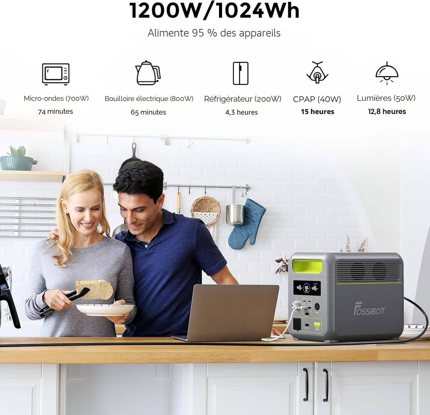FOSSiBOT Station F1200 solaire LiFePO4 1024 Wh, générateur 2x1200 W (pointe 2400 W), 100 W USB-C, 0-100 % en 45 min, camping, camping-car