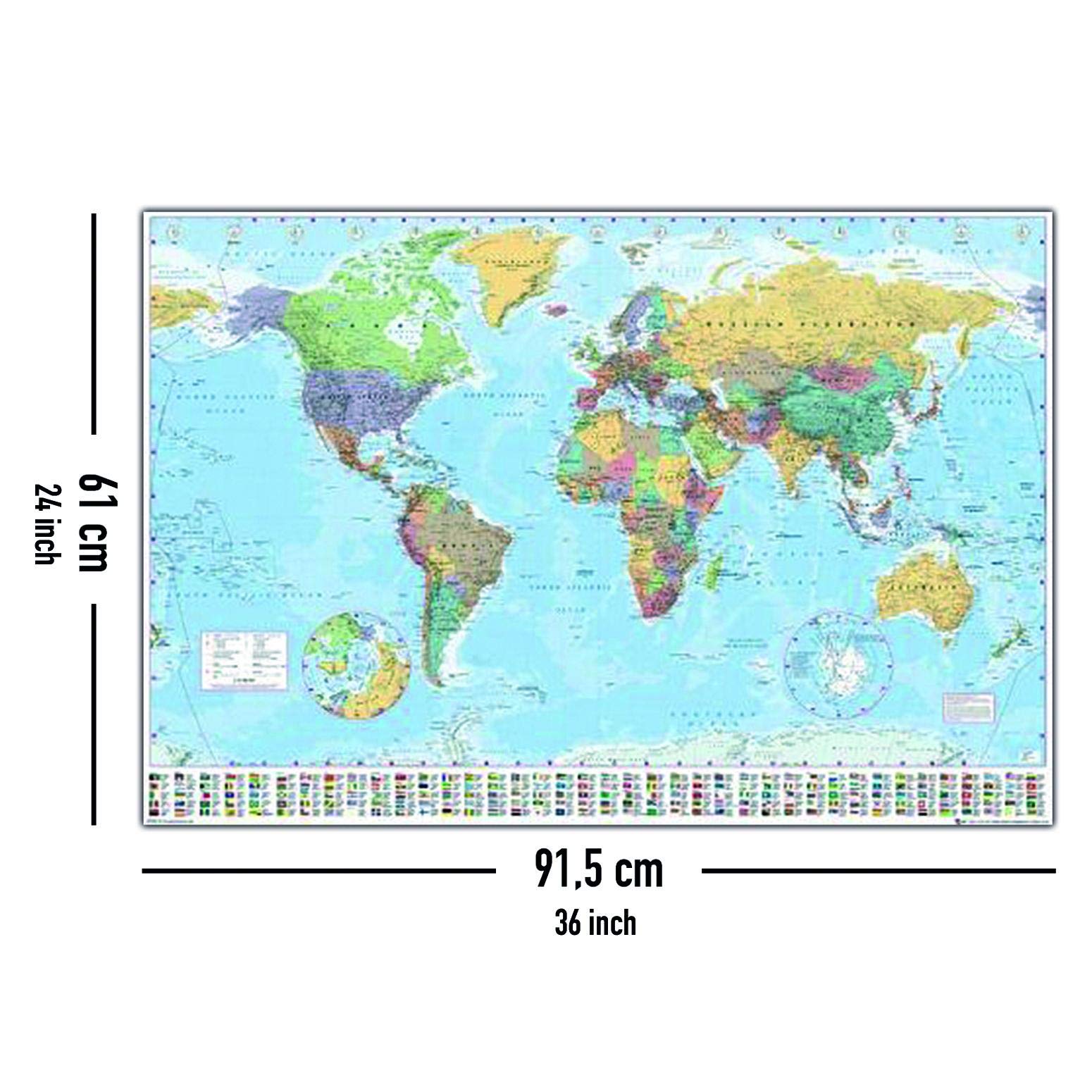 Poster de la Carte du Monde (91,5cm x 61cm) 2 tringles Transparentes