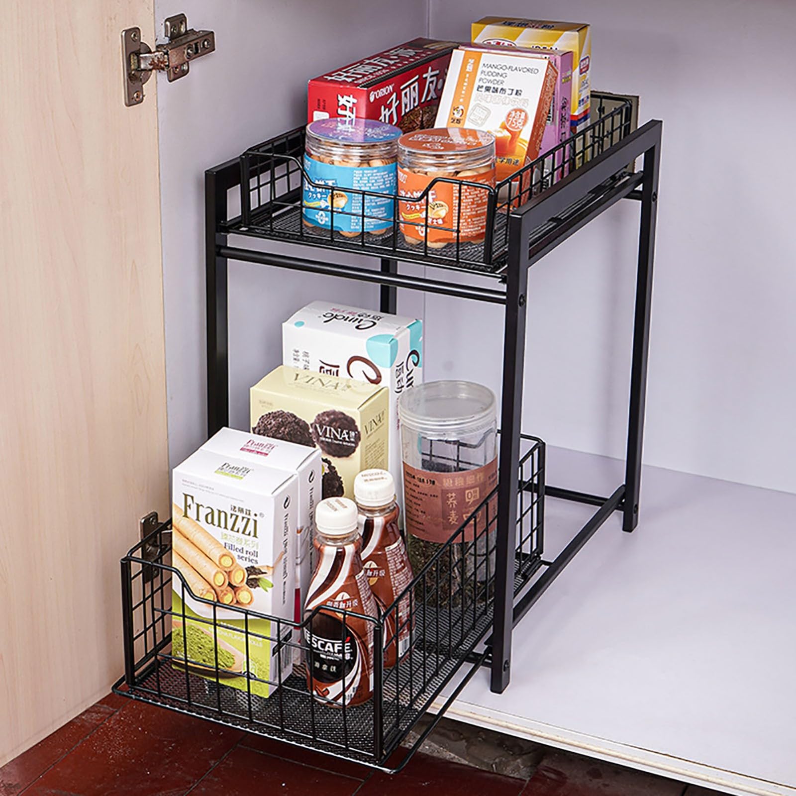 Panier de rangement coulissant sous l'évier à 2 niveaux pour armoire de cuisine, organisateur de placard, support de rangement en métal amovible pour salle de bain, facile à assembler, adapté à la c
