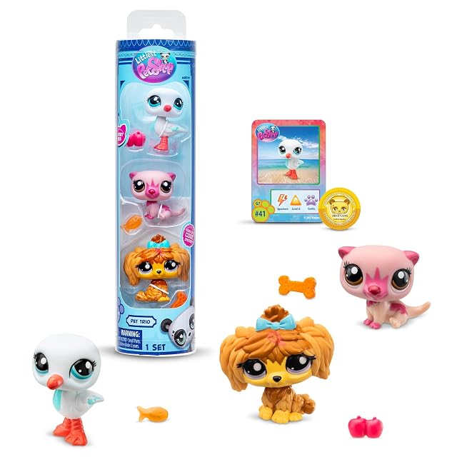BANDAI Littlest Pet Shop Pack 3 Country Pets BF00617 Set de 3 Mascotas, Accesorio, Tarjeta de coleccionista y código Virtual, Generación 7, Mascotas #43#118#111, Niños de 4 Anos+