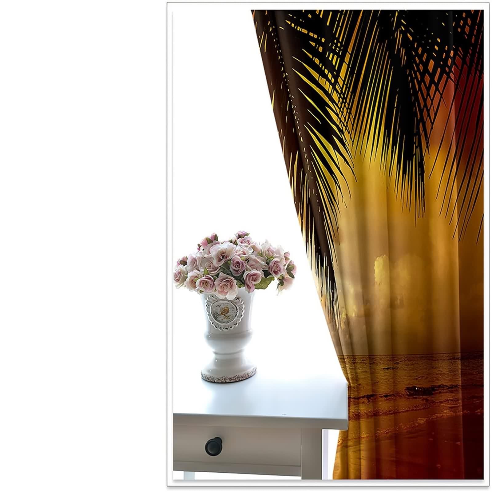 Rideau Anniversaire, Rideaux de La Cuisine Moderne Marron Orangé Polyester Paysage Marin avec des Feuilles de Palmier 244L x 274H CM Lot de 2