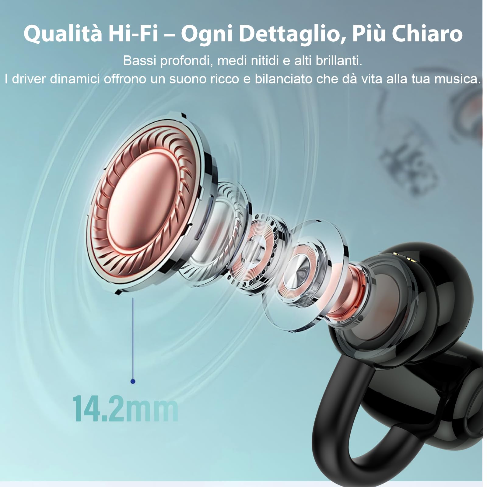 Cuffie Bluetooth 5.4, Auricolari Open Ear Cuffie Clip-On, 48 Ore Cuffiette Conduzione Ossea, DNN Noise Cancelling, Comfort Adattivo, Audio Immersivo, Auricolari Bluetooth con 4 Mic, Impermeabili IPX7