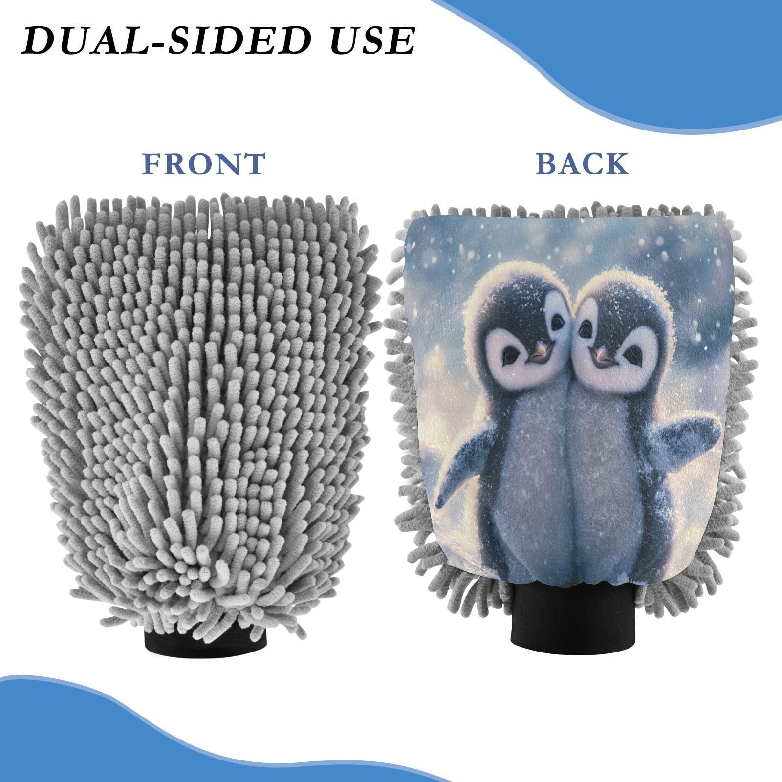 STAYTOP Two Cute Snow Penguins Car Wash Mitt Microfiber, 2Pcs Scratch Free Lint-Free, Premium Chenille Microfiber Mitt Car Wash Brush-M
