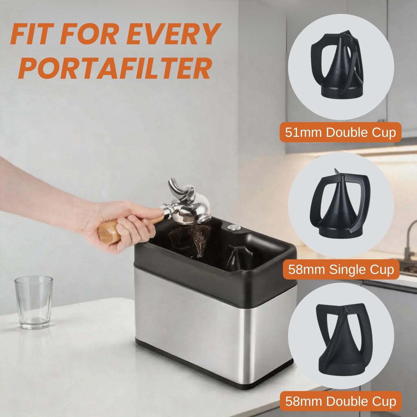Macchina per la Pulizia dei Fondi di caffè – Pulitore Elettrico ad Alta capacità con 3 Raschietti e 3 modalità di Fissaggio (51mm e 58mm); Ideale per Bar e Uso Domestico White