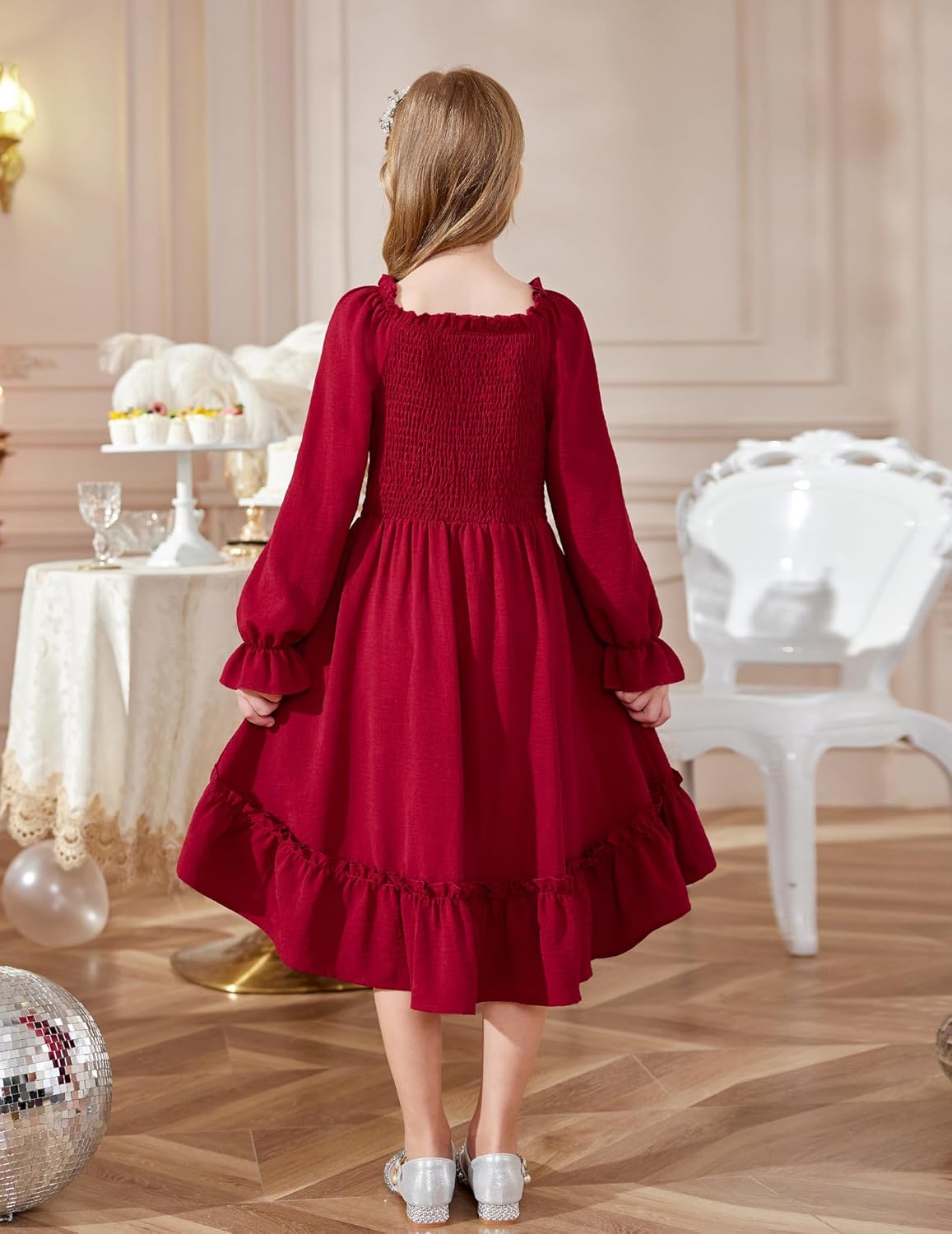 Arshiner Girls Dresses Puff Long Sleeve Fall Winter Smocked High Low Swing Midi Dress with Pockets - Image 5