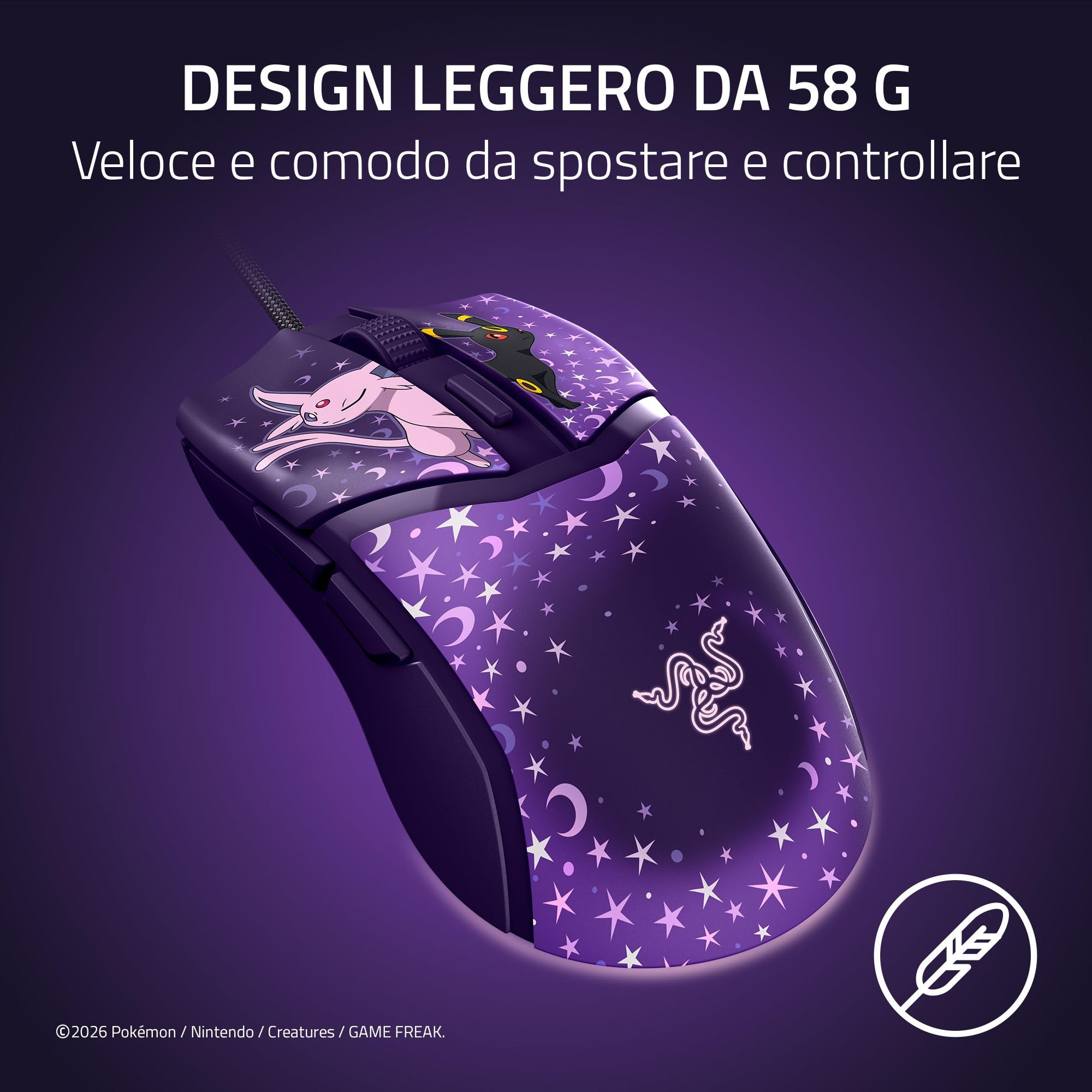 Razer Cobra Pokémon Espeon & Umbreon Edition - Mouse da gioco leggero con cavo e illuminazione Chroma RGB - 58 g - 8500 DPI - Cavo Speedflex | Edizione Espeon & Umbreon