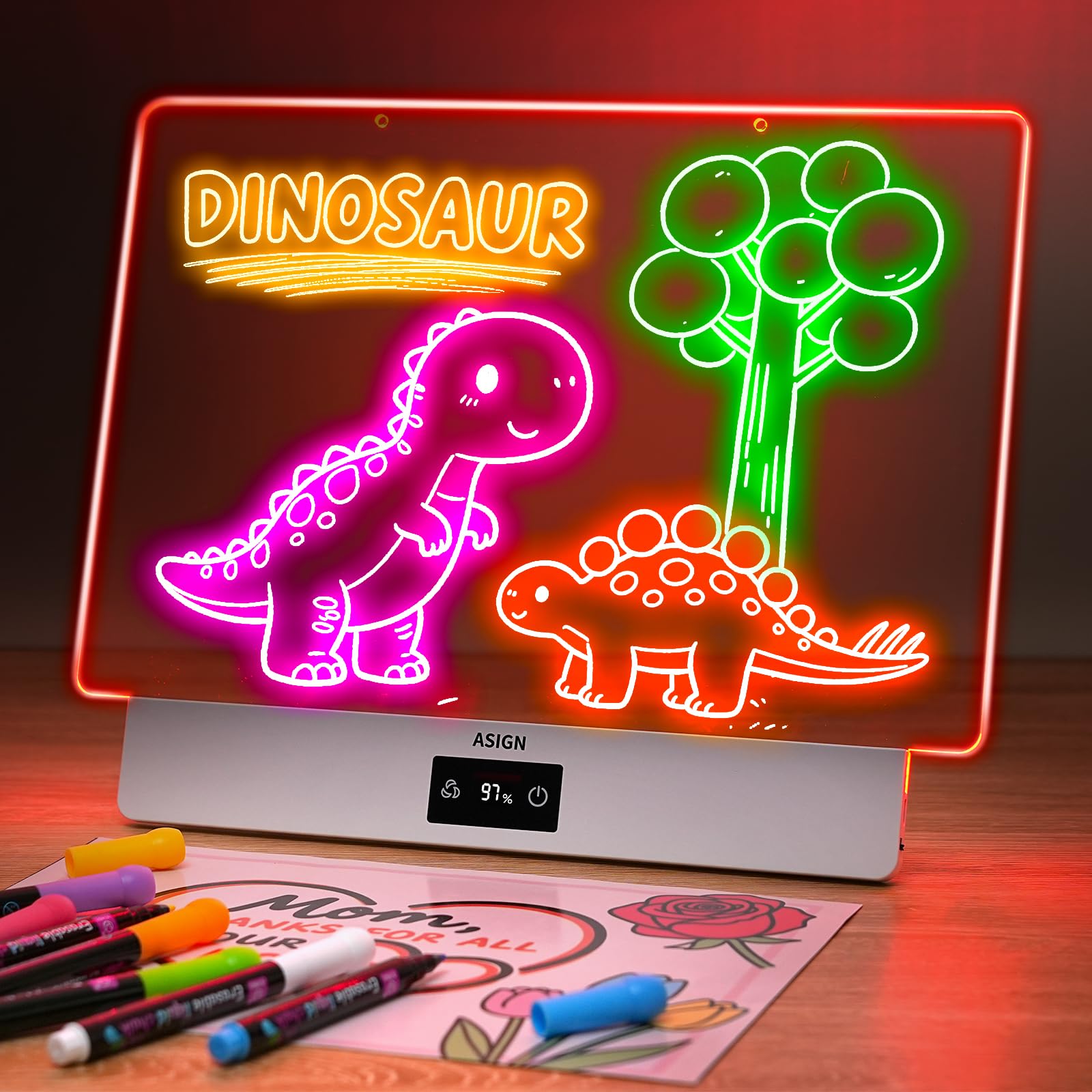 Lavagna da disegno a LED ricaricabile, 16,6 pollici Lumiboard, 8 colori e 3 modalità, lavagna LED con supporto integrato, include 7 pennarelli e 1 catena da appendere, ottimo regalo per bambini
