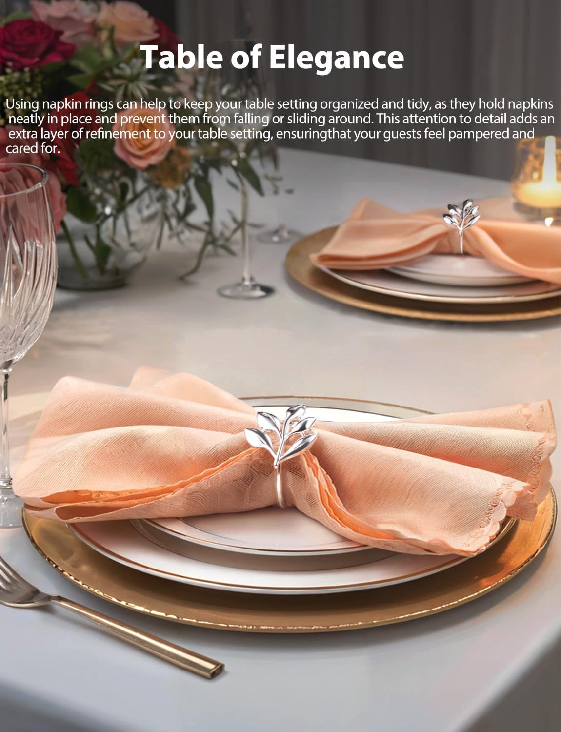 Leaf Napkin Ring Holder Set of 12, Silver | Dining Table Décor, Wedding Party Dinner, Banquet, Thanksgiving Halloween