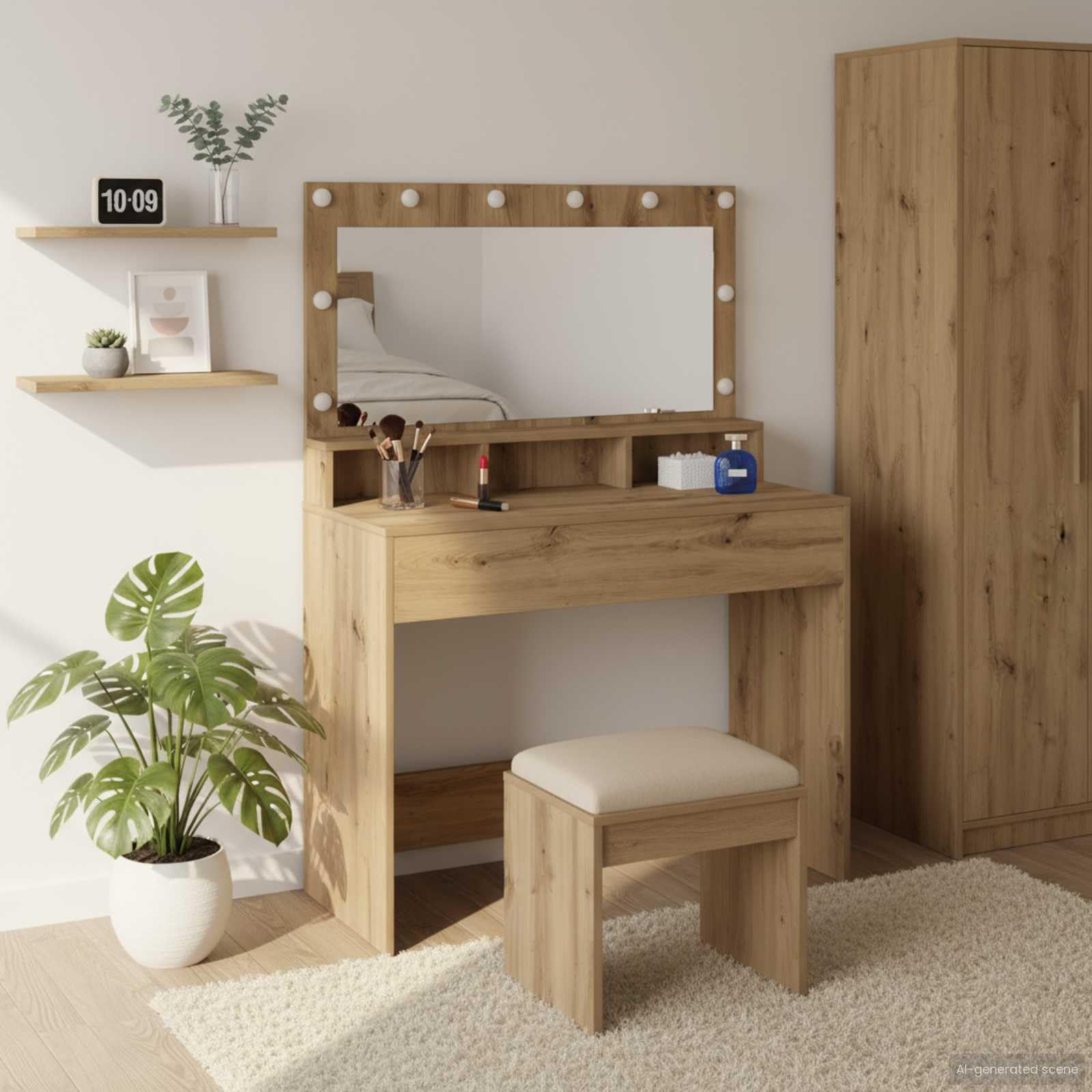 Toaletka Artisan dąb 100 x 41 x 135 cm, materiał drewnopochodny, z oświetleniem lustra LED, miejsce do przechowywania USB, do sypialni, kosmetyków i pielęgnacji