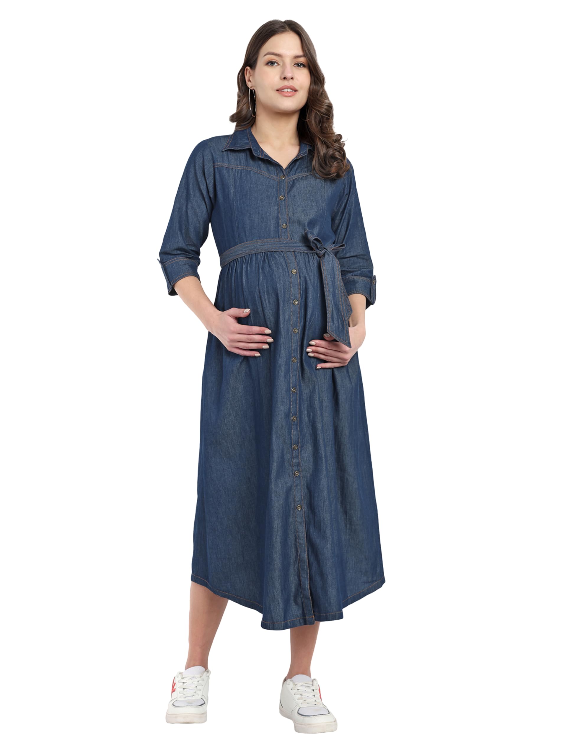 mamma's maternity Women's Cotton Denim Maternity Feeding Dress with Nursing Zippers Comfortable Breastfeeding Dress for Pregnancy Pre and Post Pregnancy Wear-picture-12