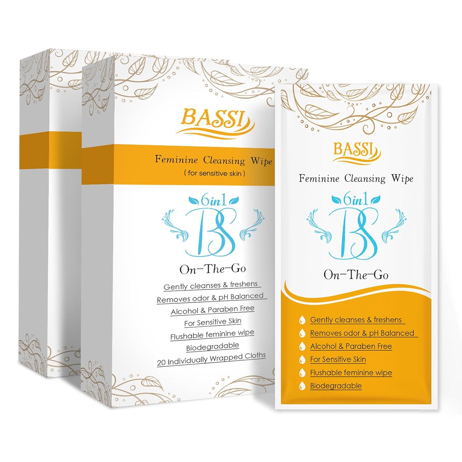 BASSI Lenços Umedecidos Femininos Descartáveis - 40 Contagens de Lenços Vaginais Diários, pH Equilibrado, Remove Odores, Desodorante Anti Coceira, Limpeza Pessoal Individualmente Embalados para Mulheres