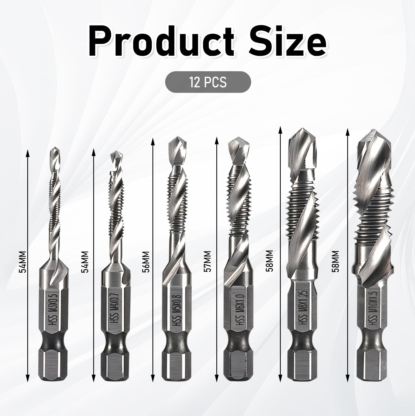 Set di maschi filettati, due pezzi, con filettatura M3, M4, M5, M6, M8, M10, per metallo, con codolo esagonale, foratura precisa per metallo, plastica e legno