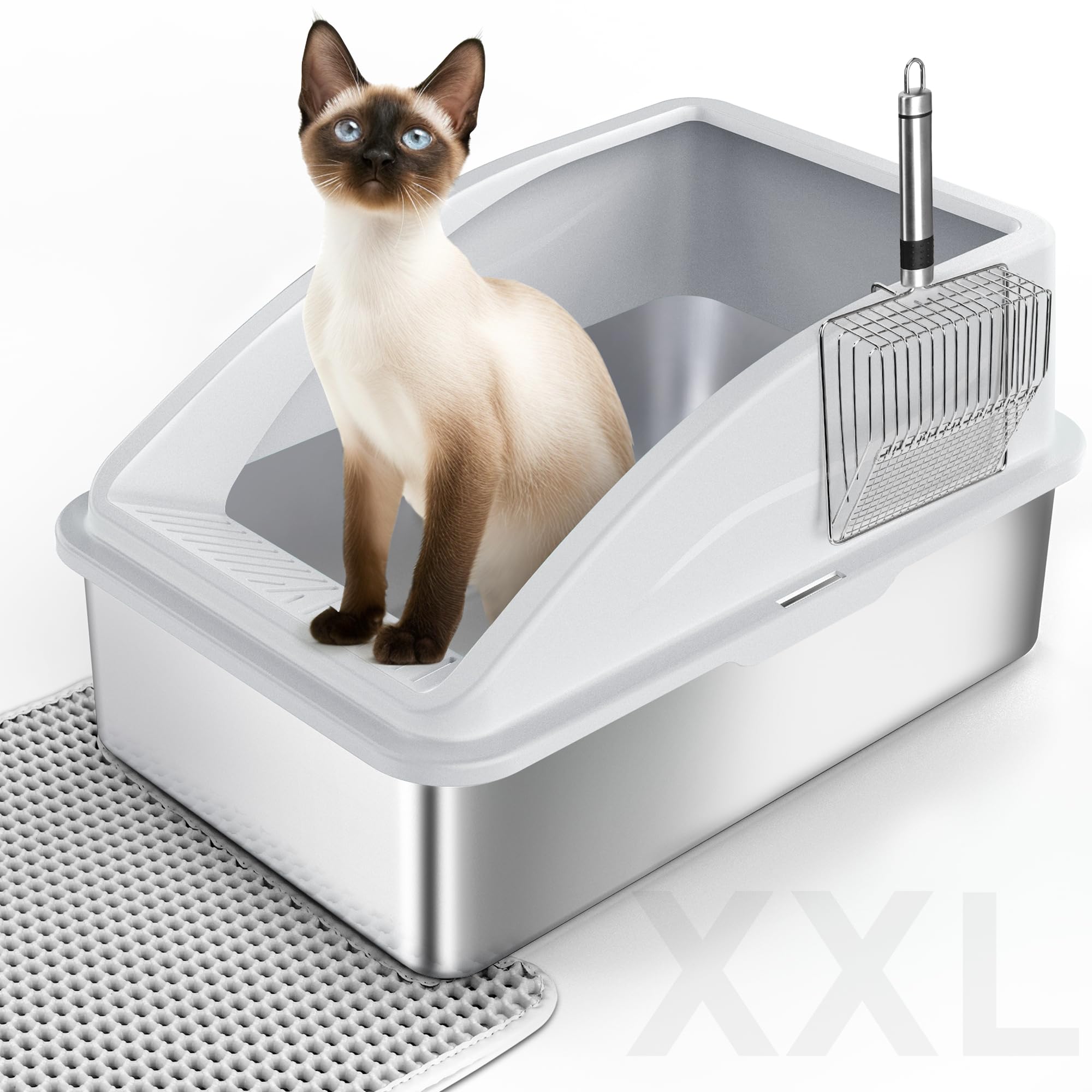 FURTIME Lettiera per gatti in acciaio inox XXL, 42 l, grande capacità, a prova di fuoriuscite, con paletta in metallo, 60 x 40 x 36 cm (grigio argento)