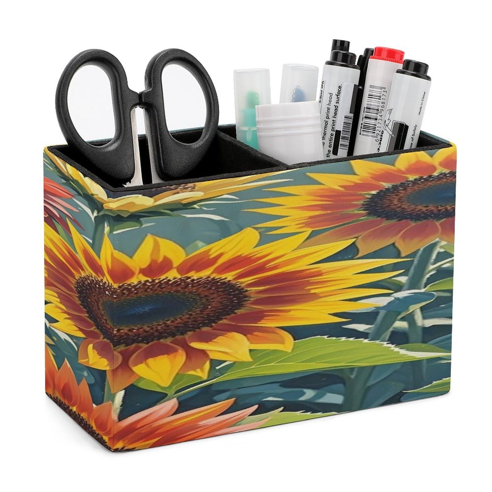 VstaDank Red And Yellow Sunflowers Pencil Holder for Desk Organizer 2 Compartments Pen Cup Leather Square Pen Holder Pencil Cup Stand Makeup Brush Holders for Desktop Organizer Storage Case