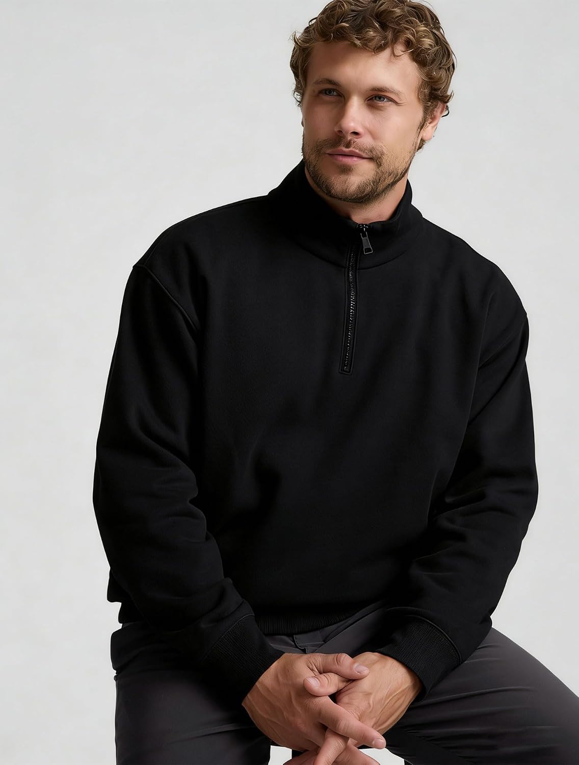 JIHUILAI Mens Quarter Zip Pullover Sweatshirt Mock Neck Long Sleeve Casual Lightweight Sweater with Pocket