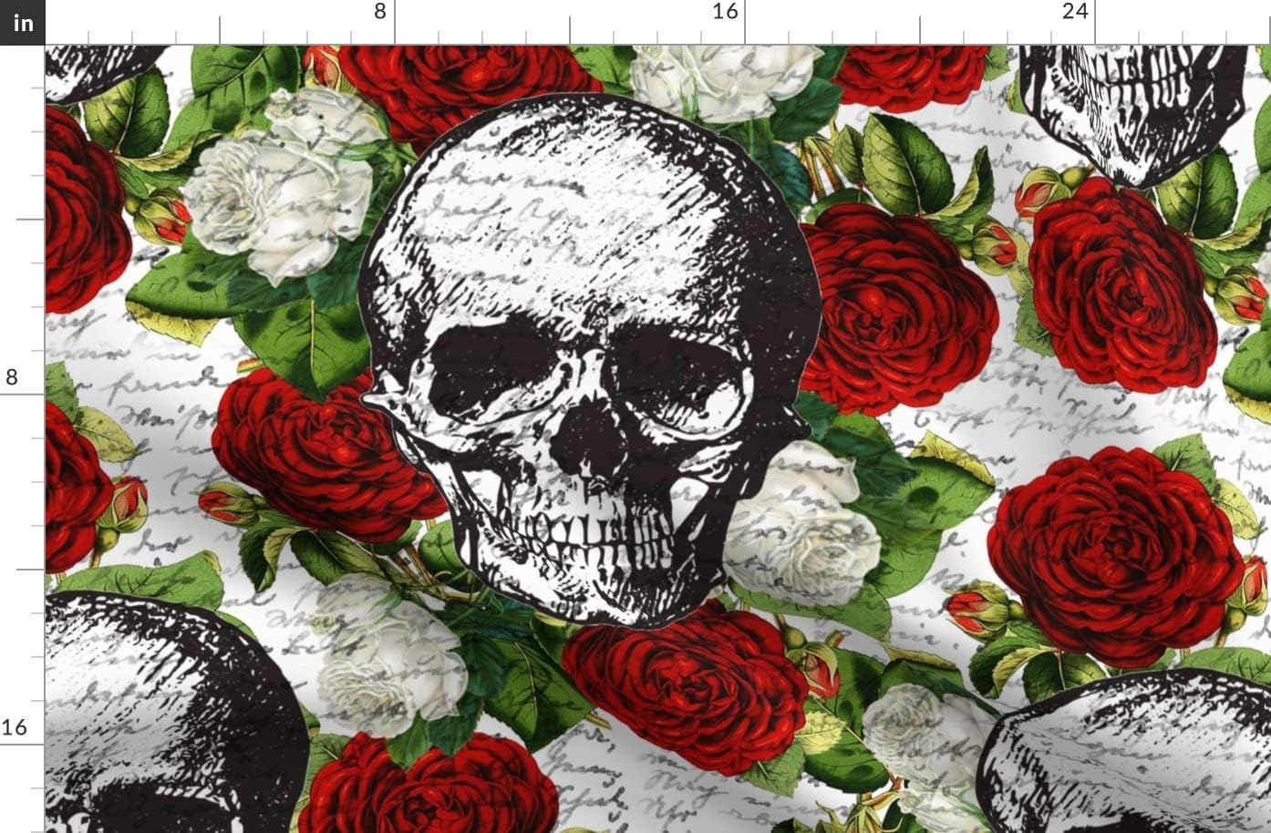 Spoonflower Fabric - Skulls Roses Vintage Handwriting Red Maximalist Printed on Organic Cotton Sateen Fabric by The Yard - Sewing Quilting Apparel Home Decor