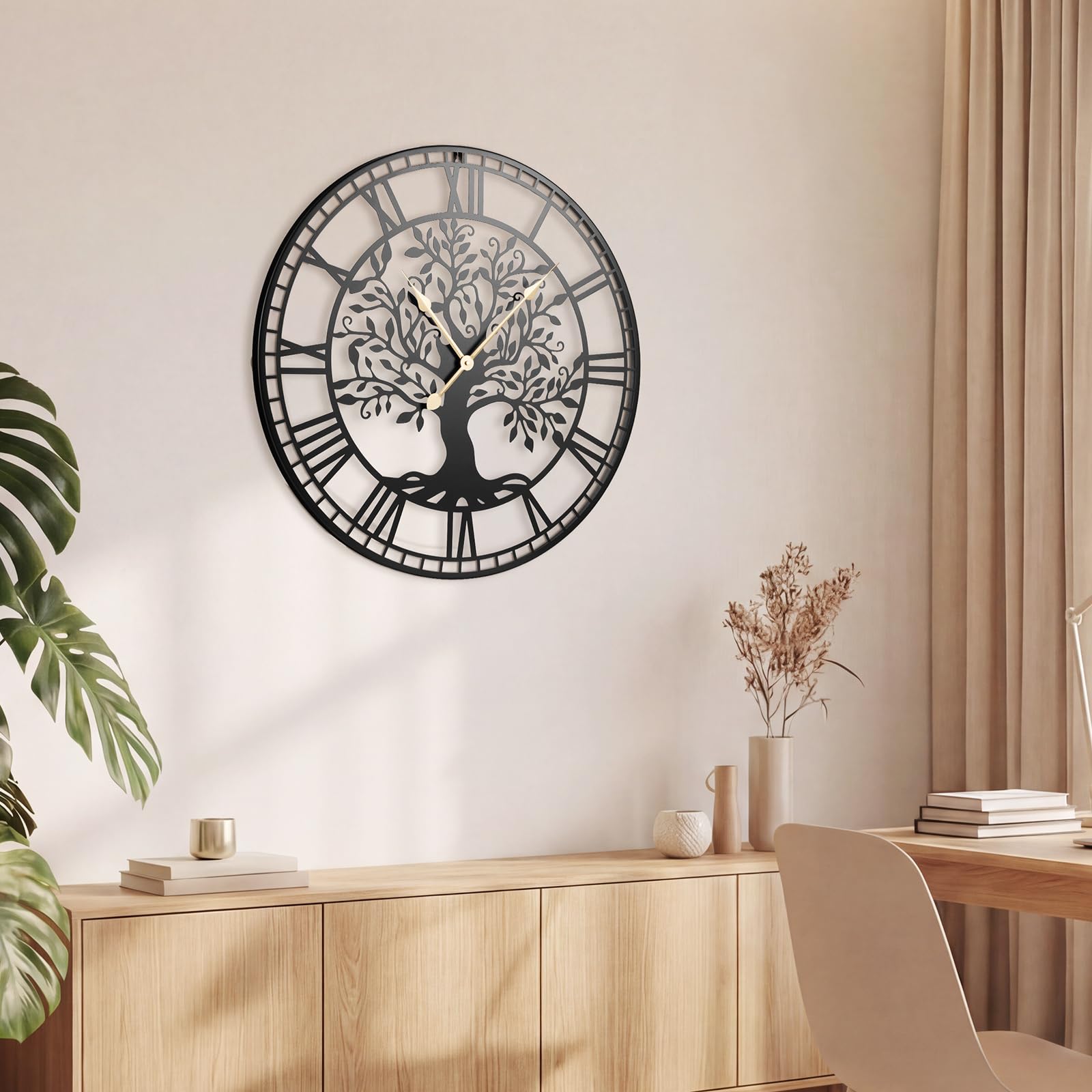 COSTWAY Orologio da Parete Grande da 68 cm, con Albero della Vita in Metallo, Orologio Decorativo Silenzioso Senza Ticchettio, per Soggiorno, Camera da Letto e Cucina, Nero