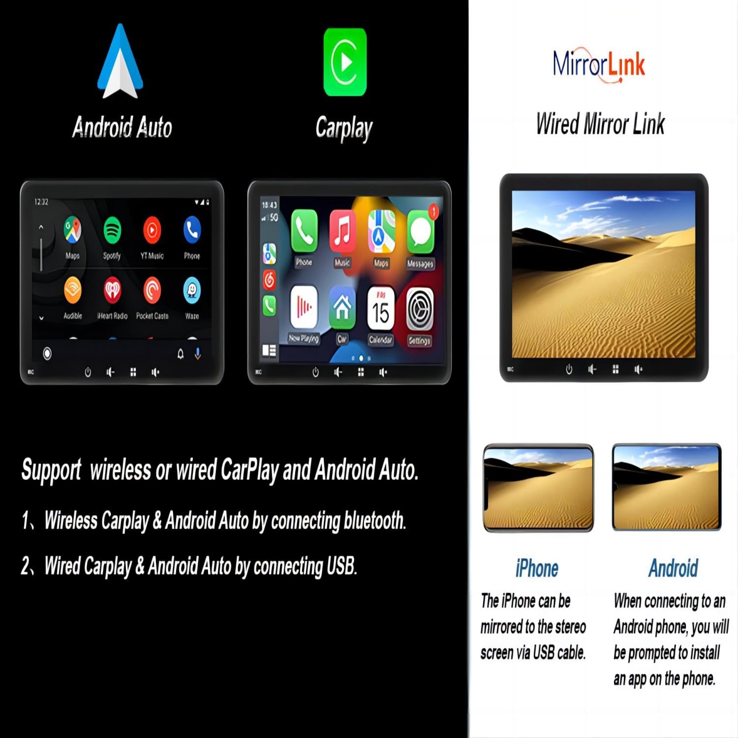 Autoradio portable 7 pouces 2026 amélioré, compatible avec CarPlay et Android Auto sans fil, AirPlay, son stéréo, commande vocale, connexion Wi-Fi, Bluetooth et filaire, sortie audio Bluetooth pour vo