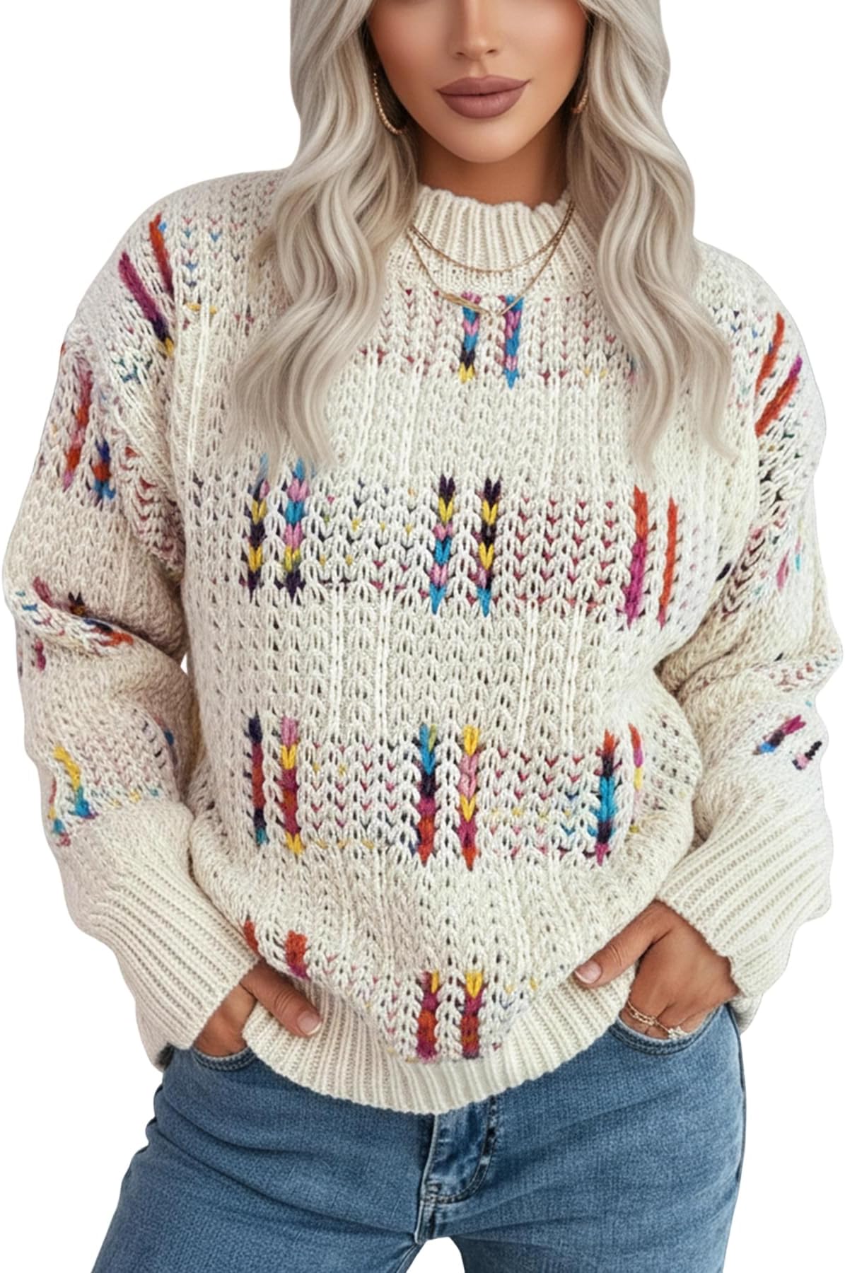 Cozy Sweaters for Women Fall Oversized Pullover Sweater Y2k Colorful Striped Chunky Knit Tops Cute Jumpers
