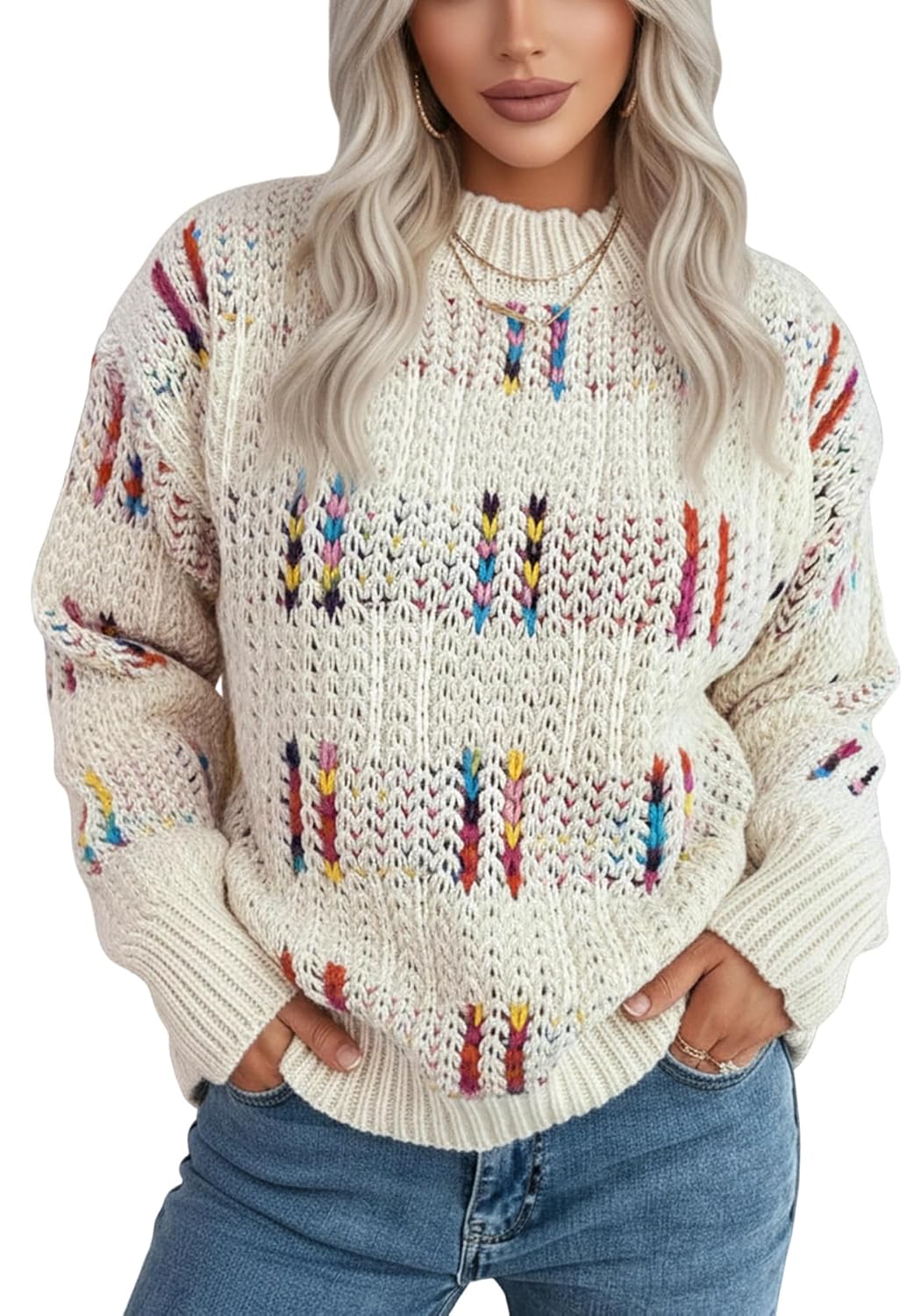 Tcremisa Cozy Sweaters for Women Fall Oversized Pullover Sweater Y2k Colorful Striped Chunky Knit Tops Cute Jumpers