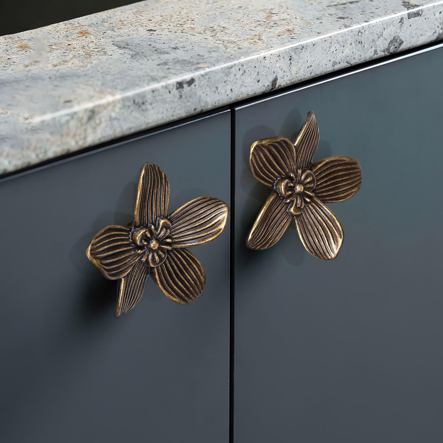 4 Pack 2.4 Inch Antique Brass Flower Cabinet Knobs, Vintage Floral Drawer Pulls – Decorative Dresser Handles for Furniture, Vanity, Closet, Bathroom – Unique Antique Hardware